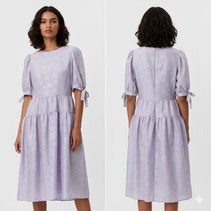 Monki : NEW $79 Lilac Purple Jacquard Puff Sleeve Midi Dress with Tie Cuffs : M